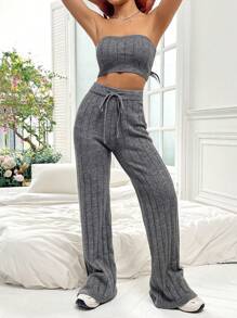 SHEIN Unity 素色抹胸針織上衣&腰部抽繩針織長褲 - 灰色 - 查看 3