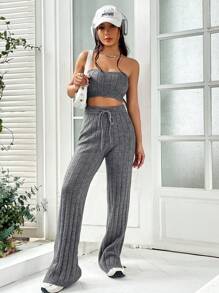 SHEIN Unity 素色抹胸針織上衣&腰部抽繩針織長褲 - 灰色 - 查看 1