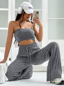 SHEIN Unity 素色抹胸針織上衣&腰部抽繩針織長褲 - 灰色 - 查看 4