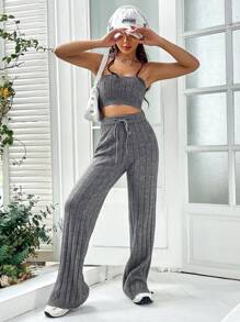 SHEIN Unity 素色抹胸針織上衣&腰部抽繩針織長褲 - 灰色 - 查看 5