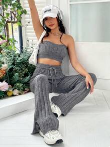 SHEIN Unity 素色抹胸針織上衣&腰部抽繩針織長褲 - 灰色 - 查看 6