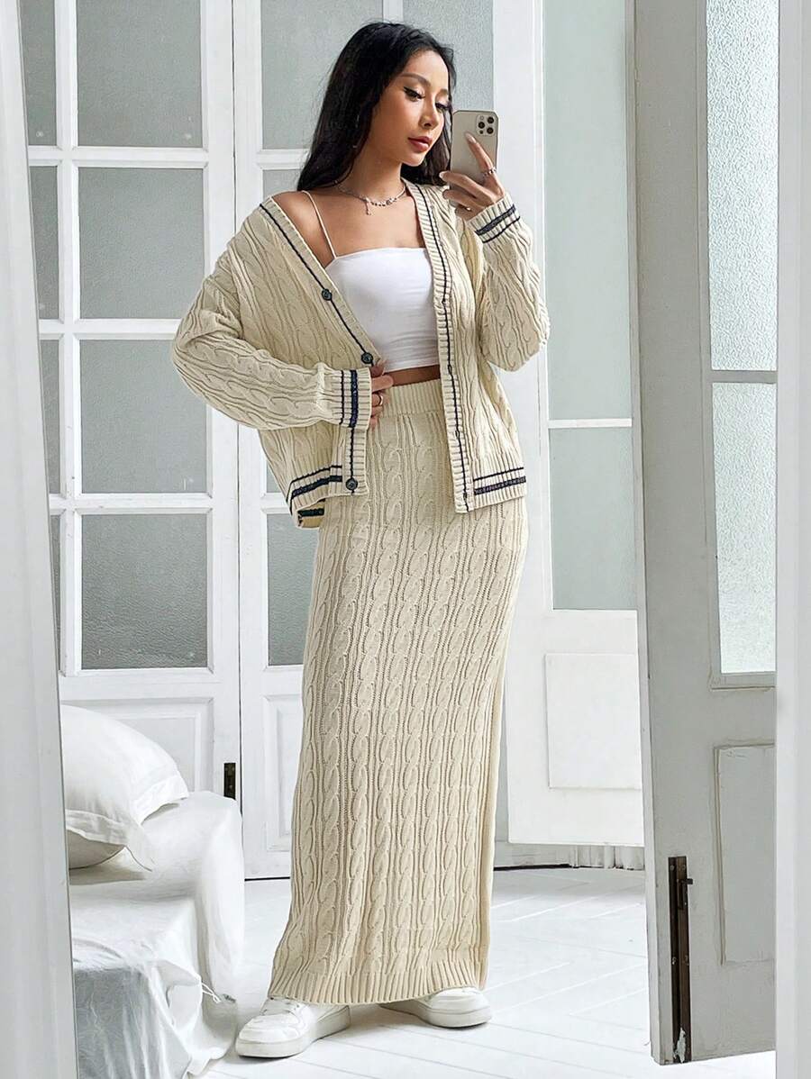 Flirla ribete de rayas de hombros caídos Cárdigan & tejido de cable Falda - Albaricoque - Ver 1