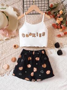 Tween Girl Letter & Cartoon Graphic Cami Top & Shorts PJ Set - Black and White - View 1