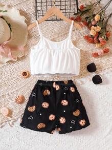Tween Girl Letter & Cartoon Graphic Cami Top & Shorts PJ Set - Black and White - View 2