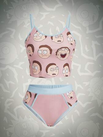 Rick and Morty | ROMWE Cartoon Graphic Contrast Binding Lingerie Set