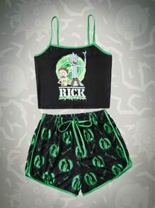 Rick and Morty | ROMWE Letter Cartoon Graphic Contrast Binding PJ Set, School