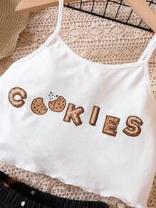 Tween Girl Letter & Cartoon Graphic Cami Top & Shorts PJ Set - Black and White - View 5