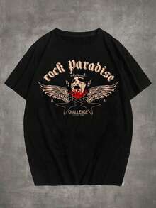 ROMWE MEN Grunge Punk Guys Letter Skull & Wings Graphic Tee - Black - View 1