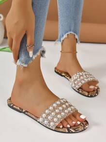 NỮ Thoải mái Da rắn dập nổi Đồ trang trí Rhinestone & Faux Pearl  Dép phẳng , Thời trang Mùa hè Ly Dép xăng đan - Nhiều màu - Xem 2