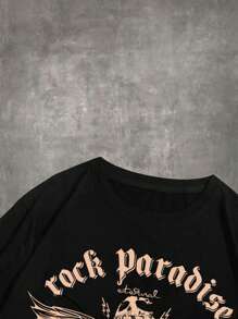 ROMWE MEN Grunge Punk Guys Letter Skull & Wings Graphic Tee - Black - View 4