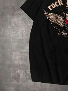 ROMWE MEN Grunge Punk Guys Letter Skull & Wings Graphic Tee - Black - View 5