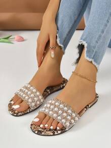 NỮ Thoải mái Da rắn dập nổi Đồ trang trí Rhinestone & Faux Pearl  Dép phẳng , Thời trang Mùa hè Ly Dép xăng đan - Nhiều màu - Xem 5