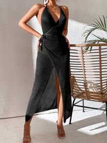 Halter Neck Backless Tie Side Cover Up Dress Without Bikini Panty, For Summer Beach Vacation - Black - View 6
