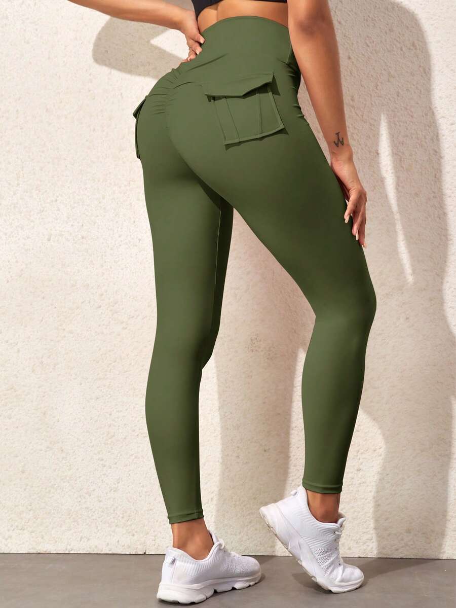 側翻蓋口袋寬腰帶長褲 - 軍綠色 - 查看 1