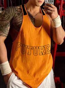 男士字母圖案工字運動背心 - 橘色 - 查看 1