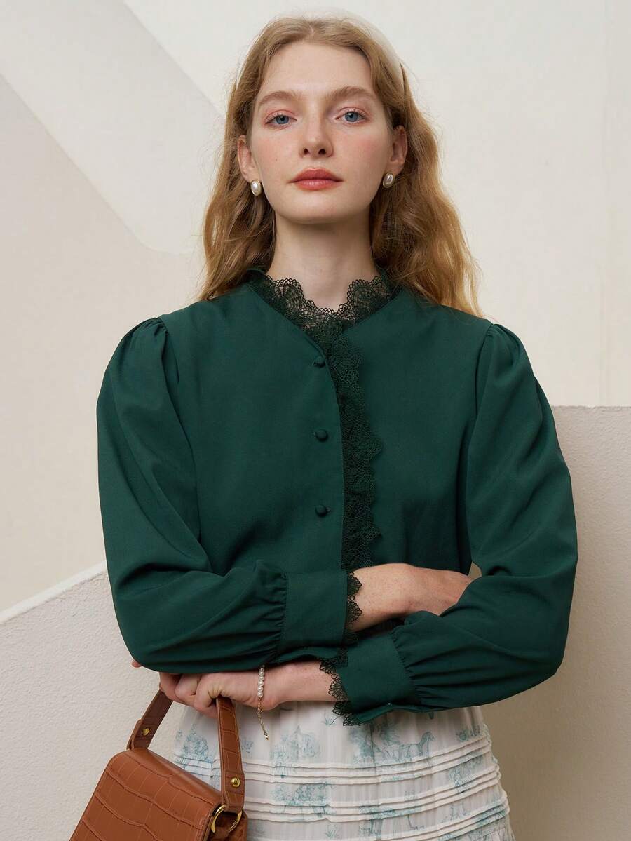 Simple Retro Blusa con encaje en contraste con botón delantero de manga farol - Verde Oscuro - Ver 1
