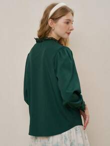 Simple Retro Blusa con encaje en contraste con botón delantero de manga farol - Verde Oscuro - Ver 2