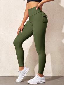 側翻蓋口袋寬腰帶長褲 - 軍綠色 - 查看 6