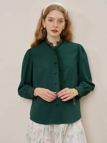 Simple Retro Blusa con encaje en contraste con botón delantero de manga farol - Verde Oscuro - Ver 3