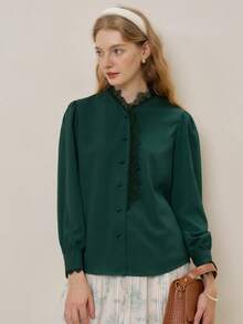 Simple Retro Blusa con encaje en contraste con botón delantero de manga farol - Verde Oscuro - Ver 4