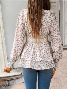 ÉTHER D'OR 碎花印花灯笼袖荷叶边衬衫荷叶边上衣 - 白色 - 查看 2