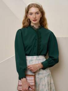 Simple Retro Blusa con encaje en contraste con botón delantero de manga farol - Verde Oscuro - Ver 5