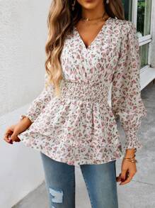 ÉTHER D'OR 碎花印花灯笼袖荷叶边衬衫荷叶边上衣 - 白色 - 查看 4