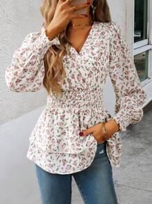 ÉTHER D'OR 碎花印花灯笼袖荷叶边衬衫荷叶边上衣 - 白色 - 查看 5