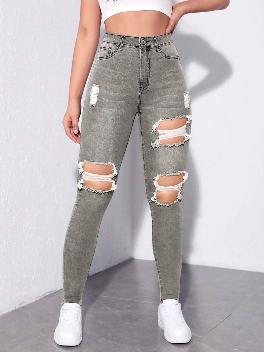 SHEIN EZwear 高腰破洞緊身牛仔褲 - 深灰色 - 查看 1