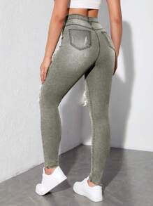 SHEIN EZwear 高腰破洞緊身牛仔褲 - 深灰色 - 查看 2