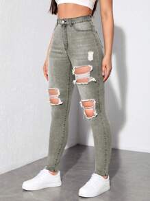 SHEIN EZwear 高腰破洞緊身牛仔褲 - 深灰色 - 查看 3