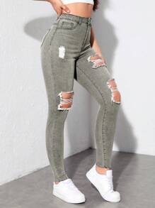 SHEIN EZwear 高腰破洞緊身牛仔褲 - 深灰色 - 查看 4