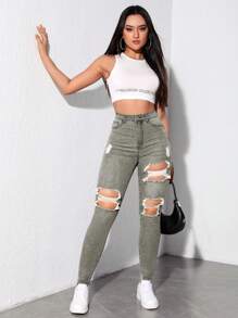 SHEIN EZwear 高腰破洞緊身牛仔褲 - 深灰色 - 查看 5