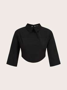 SHEINNeu Solid Curved Hem Crop Blouse - Black - View 1