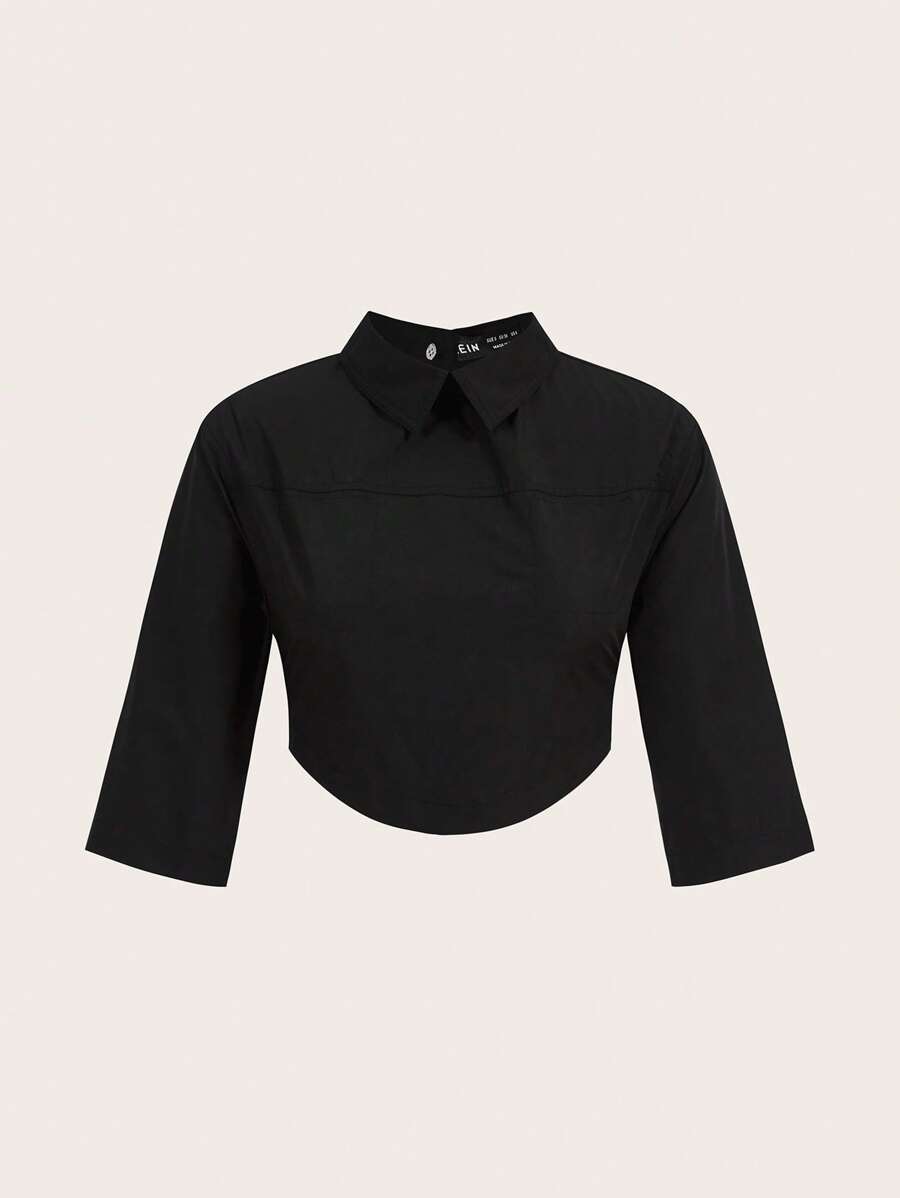 SHEINNeu Solid Curved Hem Crop Blouse - Black - View 1