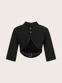 SHEINNeu Solid Curved Hem Crop Blouse - Black - View 2