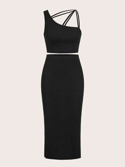 SHEINNeu Asymmetrical Neck Crop Top & Split Thigh Skirt