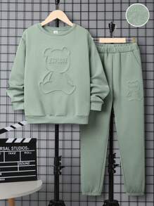 SHEIN 男大童熊和字母圖案保暖套頭衫和運動褲 - 薄荷綠 - 查看 1
