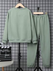 SHEIN 男大童熊和字母圖案保暖套頭衫和運動褲 - 薄荷綠 - 查看 2