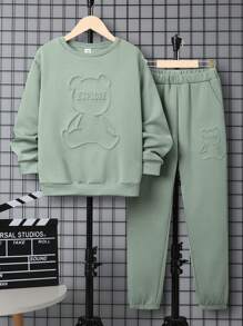 SHEIN 男大童熊和字母圖案保暖套頭衫和運動褲 - 薄荷綠 - 查看 3