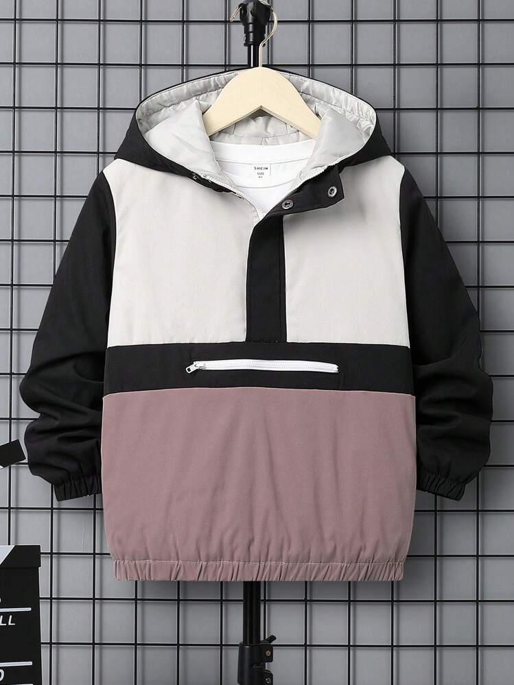 SHEIN Tween Boy Colorblock Half Zip Hooded Jacket Without Tee,In Fall/Winter - Multicolor - View 1