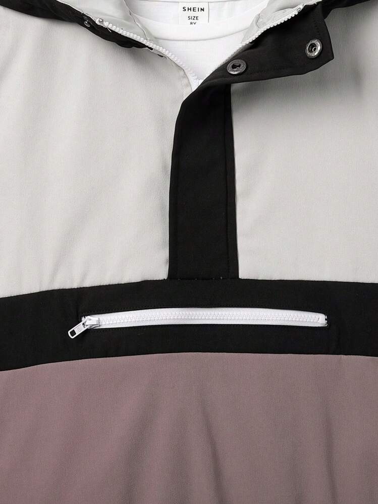 SHEIN Tween Boy Colorblock Half Zip Hooded Jacket Without Tee,In Fall/Winter - Multicolor - View 4