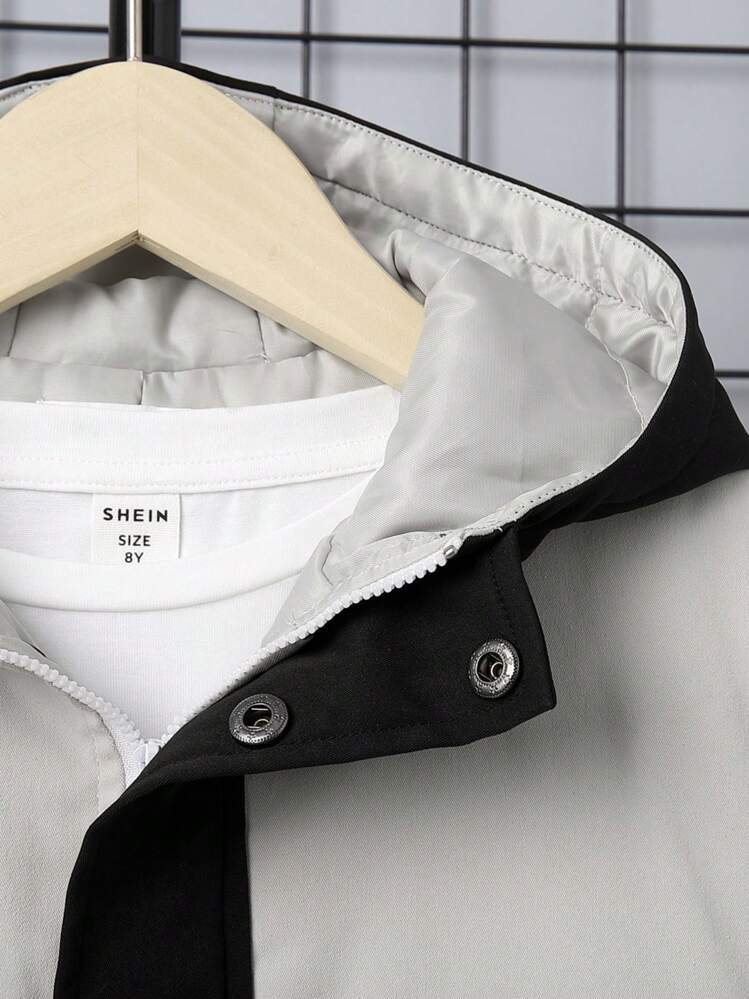 SHEIN Tween Boy Colorblock Half Zip Hooded Jacket Without Tee,In Fall/Winter - Multicolor - View 5