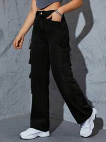 Jeans cargo con bolsillo lateral con solapa - Negro - Ver 5