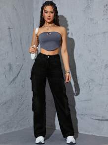 Jeans cargo con bolsillo lateral con solapa - Negro - Ver 6