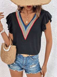 SHEIN EZwear Contrast Guipure Lace Butterfly Sleeve Tee - Black - View 1