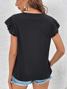SHEIN EZwear Contrast Guipure Lace Butterfly Sleeve Tee - Black - View 2