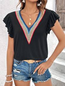 SHEIN EZwear Contrast Guipure Lace Butterfly Sleeve Tee - Black - View 3