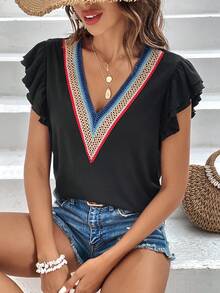 SHEIN EZwear Contrast Guipure Lace Butterfly Sleeve Tee - Black - View 4