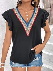 SHEIN EZwear Contrast Guipure Lace Butterfly Sleeve Tee - Black - View 5